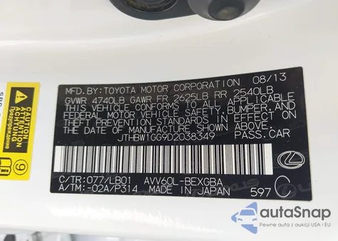 2013 Lexus Es 300H from USA, damaged, VIN JTHBW1GG9D2038349